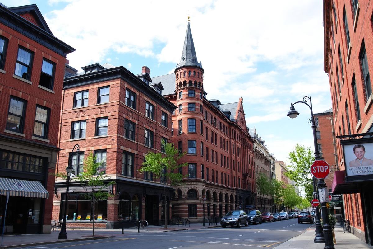 Historic brick buildings on East State Street in Ithaca, New York