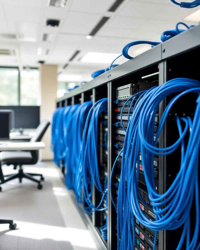 Network server rack with organized cabling in a modern office
